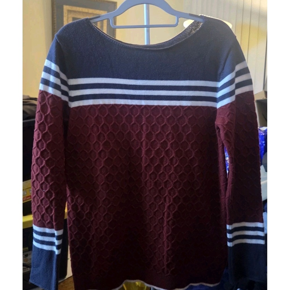 Textured Colorblock Knit Sweater Burgundy Navy Stripe Honeycomb Women L